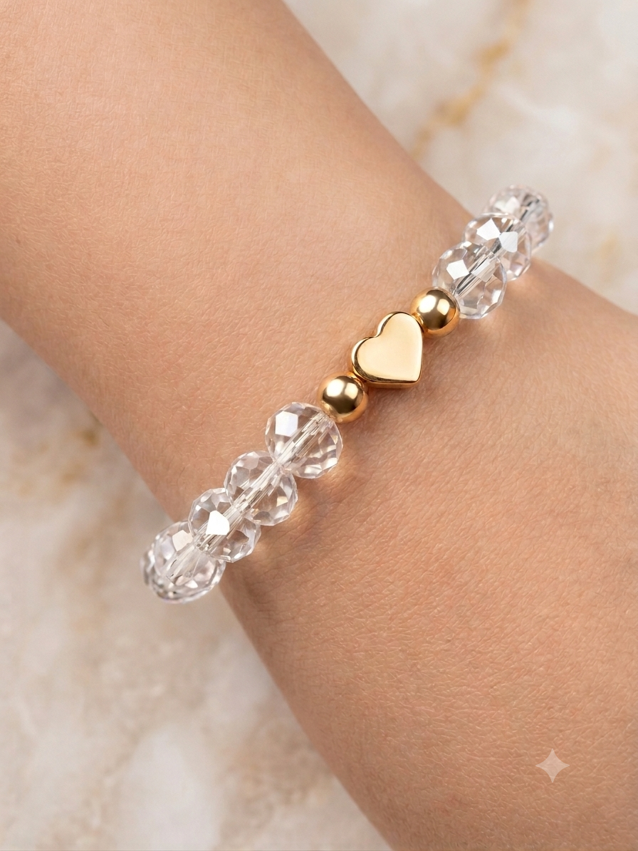 Pulsera de Cristales con Dije de Corazón Dorado (Gold Filled) - Ajustable
