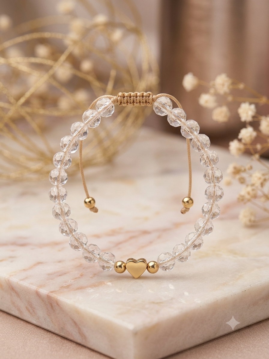 Pulsera de Cristales con Dije de Corazón Dorado (Gold Filled) - Ajustable