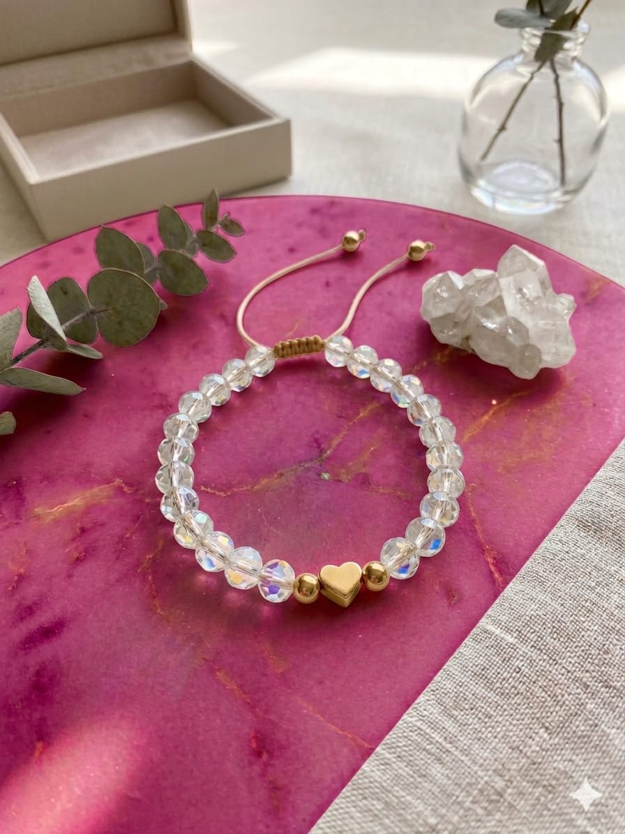 Pulsera de Cristales con Dije de Corazón Dorado (Gold Filled) - Ajustable